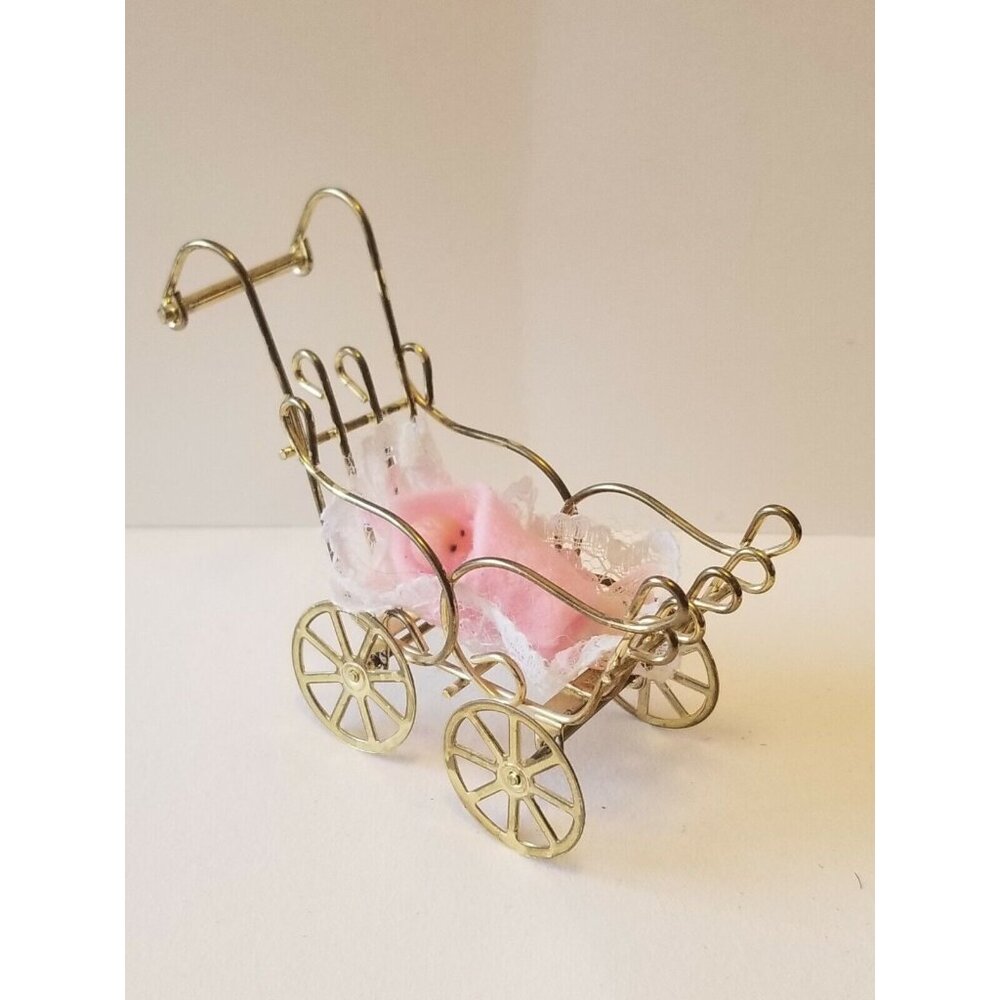 VTG Miniature Doll House Wire Brass Baby Carriage Stroller Buggy + Baby Doll
